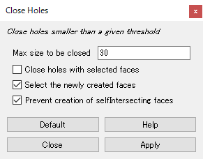 「Close Holes」ダイアログ