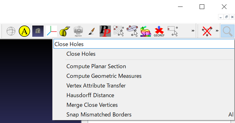 検索機能からの「Close Holes」の実行