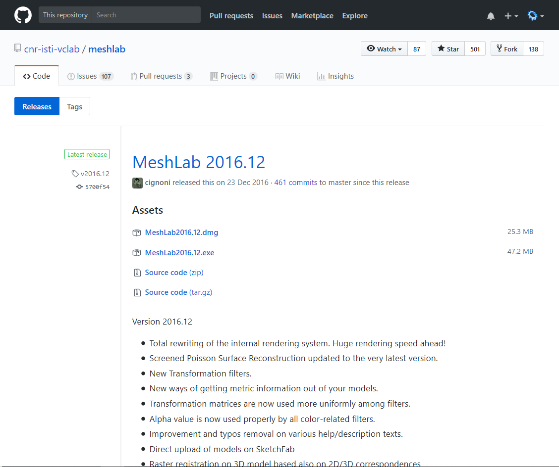 MeshLab v2016.12 ダウンロードページ