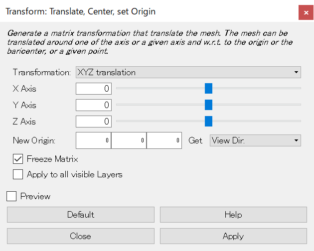 「Transform: Translate, Center, set Origin」ダイアログ